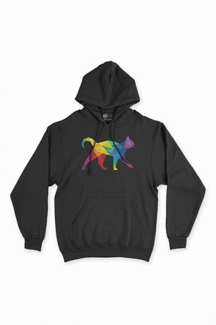 Gökkuşağı Renkli Polygon Kedi Siyah Kapşonlu Sweatshirt Hoodie