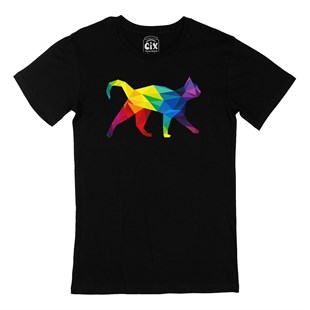 Gökkuşağı Renkli Polygon Kedi Siyah Tişört
