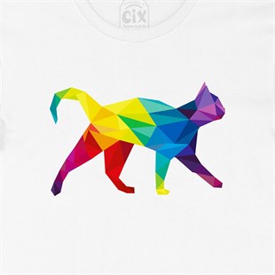 Gökkuşağı Renkli Polygon Kedi Tişört
