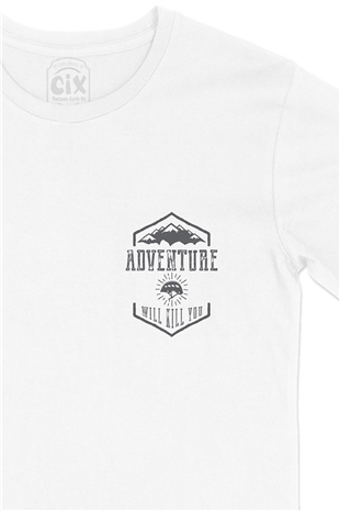 Gri Adventure Will Kill You Cep Logo Tasarımlı Beyaz Tişört