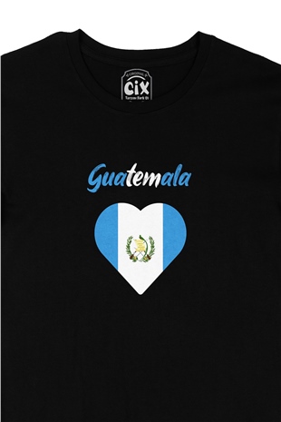 Guatemala Bayraklı Kalpli Siyah Tişört