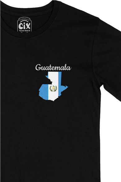 Guatemala Haritalı ve Bayraklı Cep Logo Tasarımlı Siyah Tişört