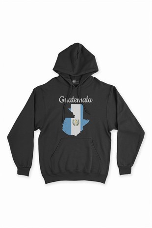 Guatemala Haritalı ve Bayraklı Siyah Kapşonlu Sweatshirt Hoodie