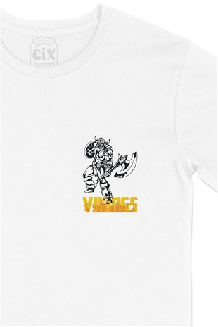 Güçlü Vikings Cep Logo Tasarımlı Beyaz Tişört