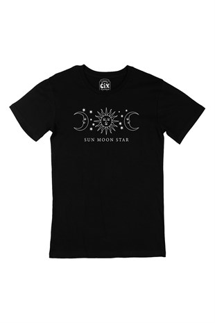 Güneş Ay Yıldız Baskılı Siyah Tişört