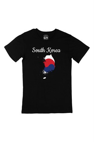 Güney Kore Haritalı ve Bayraklı Siyah Tişört