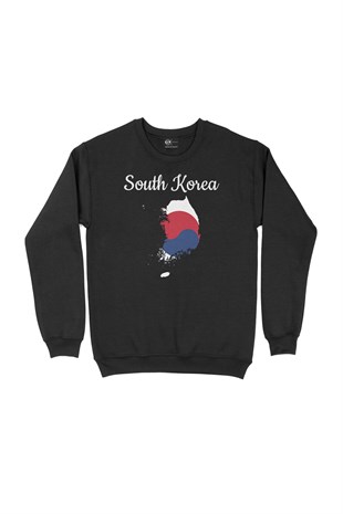 Güney Kore Haritalı ve Bayraklı Siyah Sweatshirt