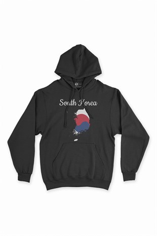 Güney Kore Haritalı ve Bayraklı Siyah Kapşonlu Sweatshirt Hoodie