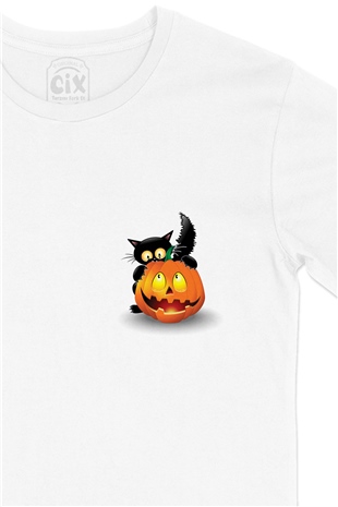 Halloween Kedi Cep Logo Tasarımlı Beyaz Tişört