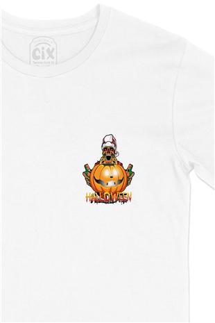 Halloween Kuru Kafa Cep Logo Tasarımlı Beyaz Tişört