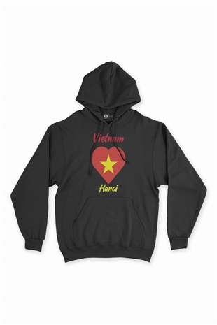 Hanoi Vietnam Bayraklı Kalpli Siyah Sweatshirt Hoodie