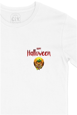 Happy Hallowen Bal Kabağı Cep Logo Tasarımlı Beyaz Tişört