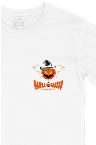 Happy Hallowen Lets Party Cep Logo Tasarımlı Beyaz Tişört