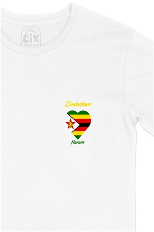 Harare Zimbabwe Bayraklı Kalpli Cep Logo Tasarımlı Beyaz Tişört