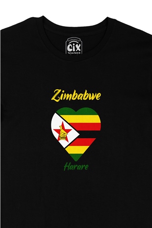 Harare Zimbabwe Bayraklı Kalpli Siyah Tişört