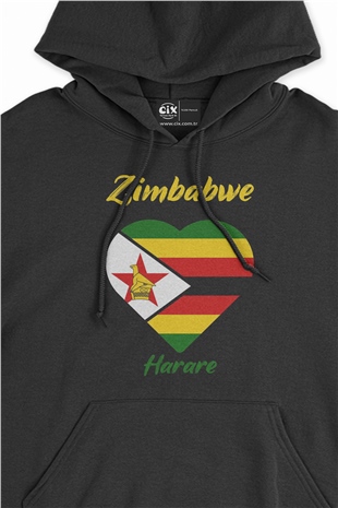 Harare Zimbabwe Bayraklı Kalpli Siyah Sweatshirt Hoodie
