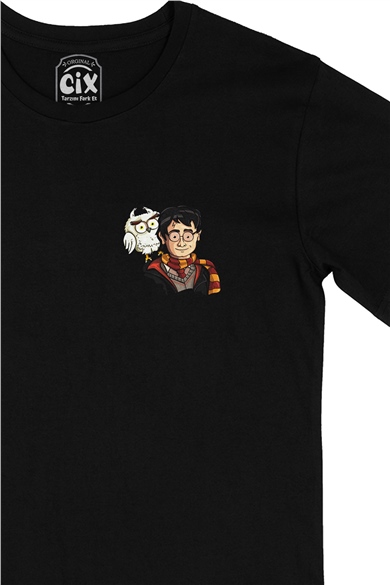 Harry Potter Hedwig Cep Logo Tasarımlı Siyah Tişört