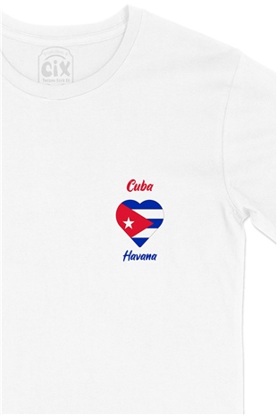Havana Küba Bayraklı Kalpli Cep Logo Tasarımlı Beyaz Tişört
