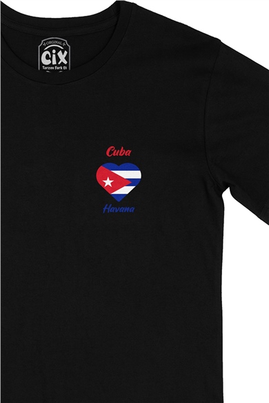 Havana Küba Bayraklı Kalpli Cep Logo Tasarımlı Siyah Tişört