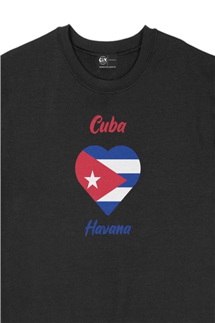 Havana Küba Bayraklı Kalpli Siyah Sweatshirt