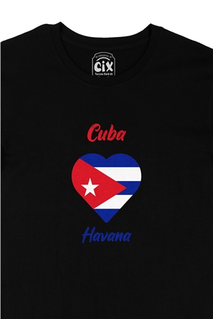 Havana Küba Bayraklı Kalpli Siyah Tişört