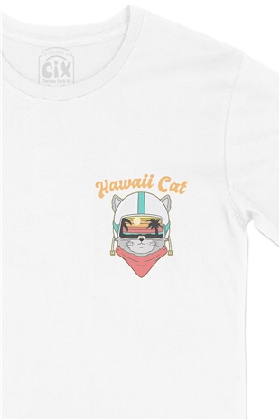 Hawaii Cat Cep Logo Tasarımlı Beyaz Tişört
