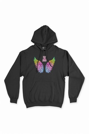Hayallerine Uç Renkli Kanatlı Siyah Kapşonlu Sweatshirt Hoodie