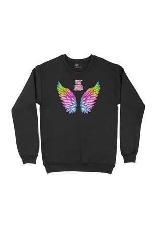 Hayallerine Uç Renkli Kanatlı Siyah Sweatshirt