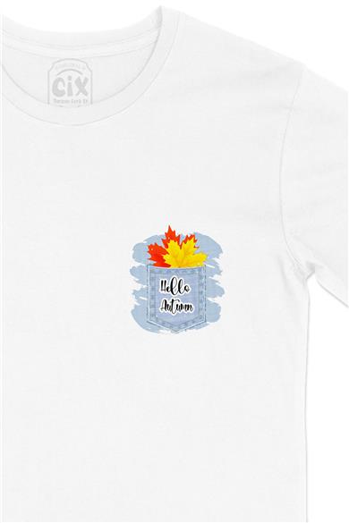 Hello Autumn Sonbahar Cep Tasarım Baskılı Beyaz Tişört