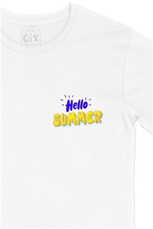 Hello Summer Cep Logo Tasarımlı Beyaz Tişört