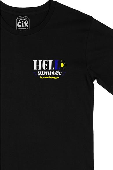 Hello Summer Yaz Cep Tasarım Baskılı Siyah Tişört