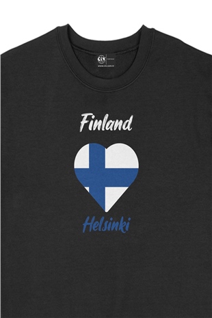 Helsinki Finlandiya Bayraklı Kalpli Siyah Sweatshirt