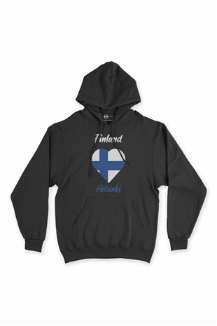 Helsinki Finlandiya Bayraklı Kalpli Siyah Sweatshirt Hoodie