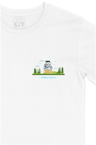Himeji Kalesi Cep Logo Tasarımlı Beyaz Tişört