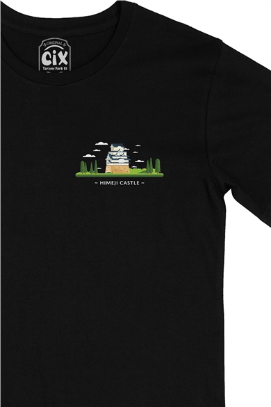 Himeji Kalesi Cep Logo Tasarımlı Siyah Tişört