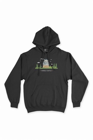 Himeji Kalesi Siyah Kapşonlu Sweatshirt Hoodie