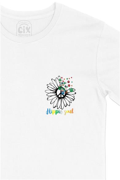 Hippi Papatya Cep Tasarım Baskılı Beyaz Tişört
