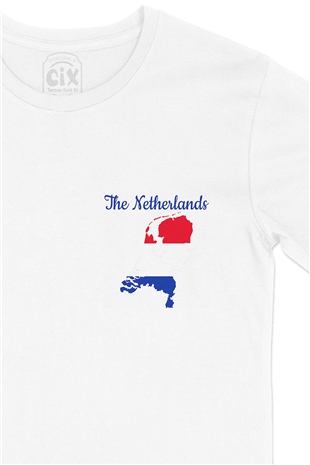 Hollanda Haritalı ve Bayraklı Cep Logo Tasarımlı Beyaz Tişört