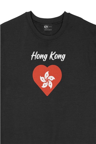 Hong Kong Bayraklı Kalpli Siyah Sweatshirt