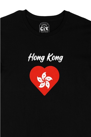 Hong Kong Bayraklı Kalpli Siyah Tişört