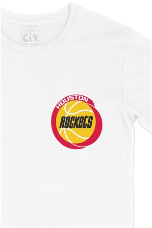 Houston Rockets Logolu Cep Logo Tasarımlı Beyaz Tişört