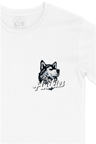 Husky Sibirya Kurdu Cep Logo Tasarımlı Beyaz Tişört