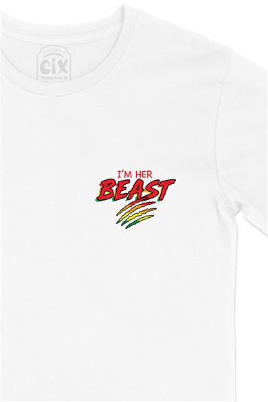 I Am Her Beast Cep Tasarım Baskılı Beyaz Tişört