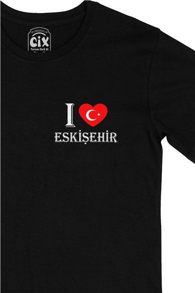 I Love Eskişehir Cep Logo Tasarımlı Siyah Tişört