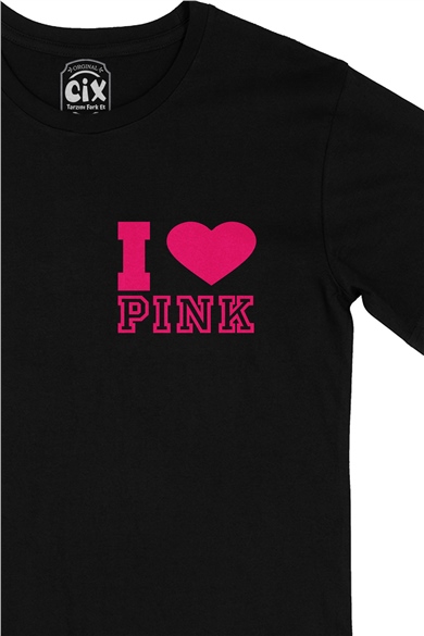 I Love Pink Cep Logo Tasarımlı Siyah Tişört