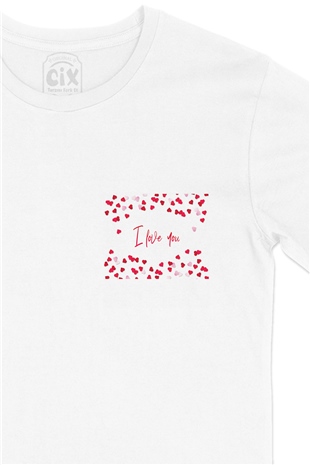 I Love You Kalpli Cep Logo Tasarımlı Beyaz Tişört