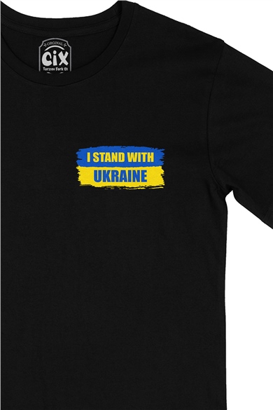 I Stand With Ukraine Ukrayna Cep Logo Tasarımlı Siyah Tişört