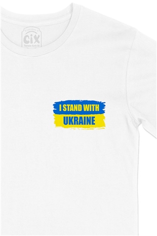 I Stand With Ukraine Ukrayna Cep Logo Tasarımlı Beyaz Tişört