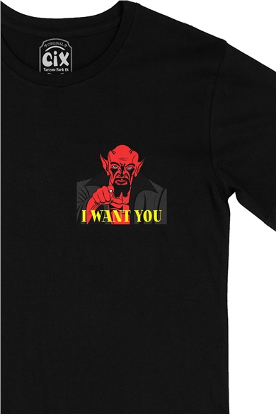 I Want You Cep Logo Tasarımlı Siyah Tişört