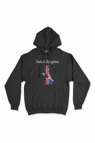İngiltere Haritalı ve Bayraklı Siyah Kapşonlu Sweatshirt Hoodie